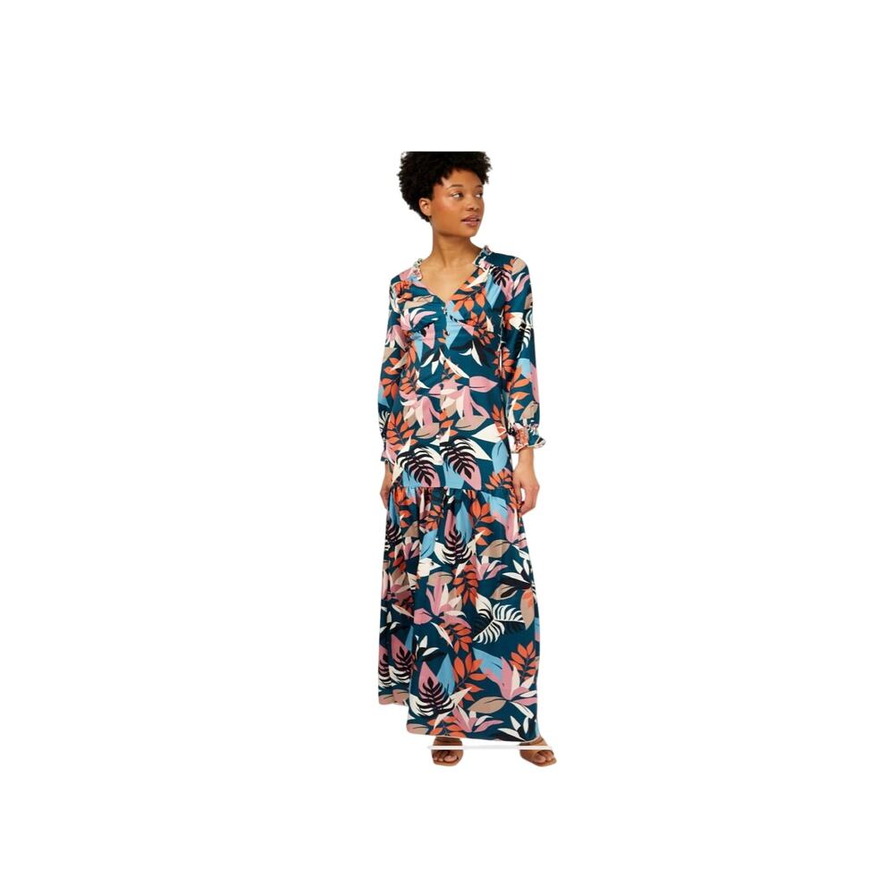 Little Mistress Barcelona Leaf Print Satin Frill Maxi Dress Size 6